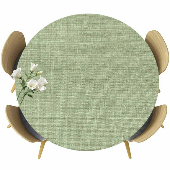 Vintage Sage Green Table Cloth, Round Fitted Tablecloths with Elastic Edge, Farmhouse Retro Beige Solid Color Wipeable Waterproof Table Cover for Kitchen Wedding 36-44 Inches