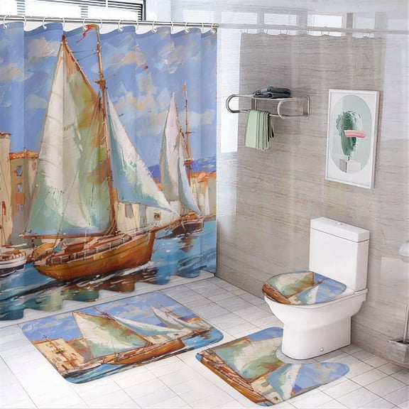 Vintage Sail Boats French Travel 4 Piece Decor Shower Curtains Sets Shower Curtain And Rugs Shower Curtain Set Ocean Boat Adventure Sailor Pirate Travel Waterproof Durable Bathroom Decor Shower