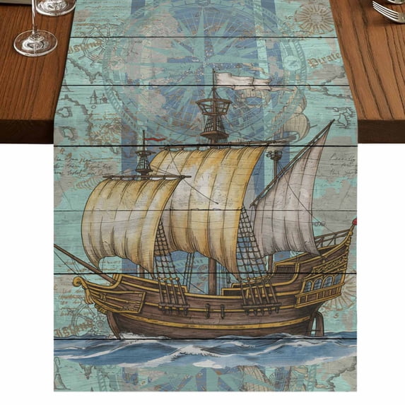 Vintage Sailboat 72 Inch Table Runner, Blue Ocean Seaports Anchors Farmhouse Wood Farmhouse Dresser Scarf Cotton & Linen Tablerunner for Dining/Kitchen Island/Holiday Party Décor 13" x 72"