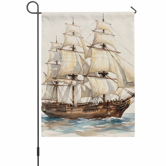 Vintage Sailboat Garden Flag 12 x 18 Inches, Nautical Ocean Oil Painting Style Linen Texture Weather Proof Outdoor Patio Flags Double Sided Small Garden Decoration for Yard Outside Home