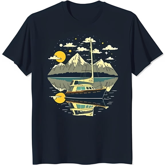 Vintage Sailboat Graphic on Dark Blue T-Shirt Starry Sky & Mountains Design