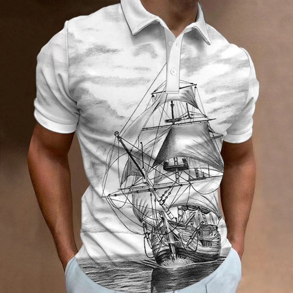 Vintage Sailboat Pattern Print Summer Button Down Collar Men's Polo Shirt Casual Tops Oversized Short Sleeve Trend Men Clothing