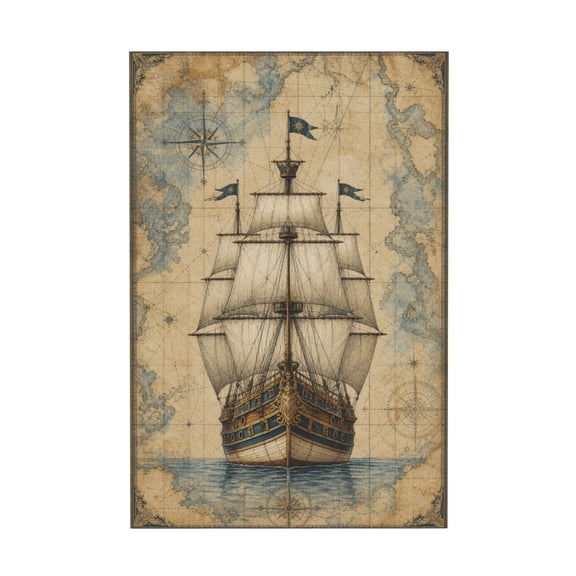 Vintage Sailboat Pirate Ship Sailing on Ocean Route Canvas Wall Art for Bedroom 16"x24 in