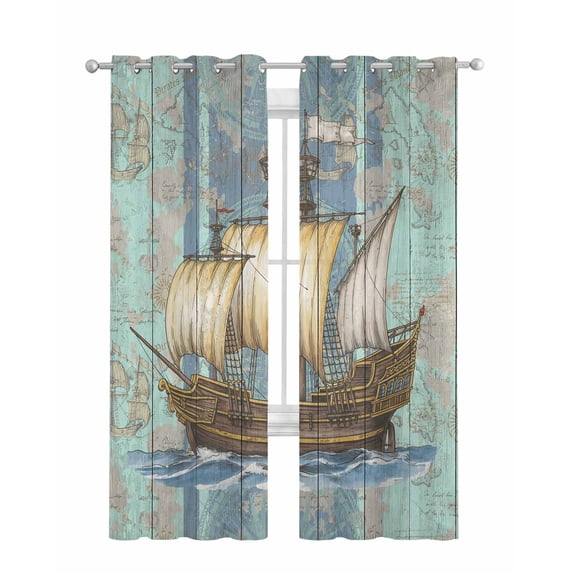 Vintage Sailboat Sheer Curtains 84 Inch Length 2 Panels Set for Living Room/Bedroom, Blue Ocean Seaports Anchors Farmhouse Wood Kitchen Curtains Grommet Curtains Window Treatments 52"x84"x2