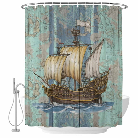 Vintage Sailboat Shower Curtain, Waterproof Shower Curtains for Bathroom, Blue Ocean Seaports Anchors Farmhouse Wood Washable Fabric Bathtub Curtain Set Bath Decor with 12 Hooks Stall 36"x72"