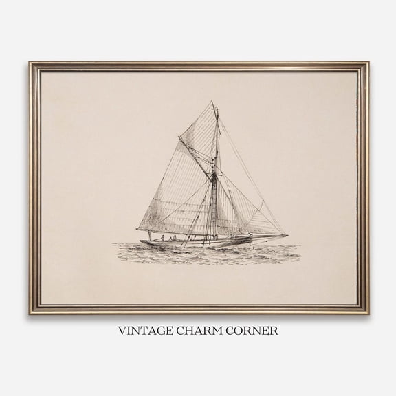 Vintage Sailboat Sketch Art Minimalist Yacht Illustration Nautical Print Maritime Decor Detailed Sailing Yacht Drawing