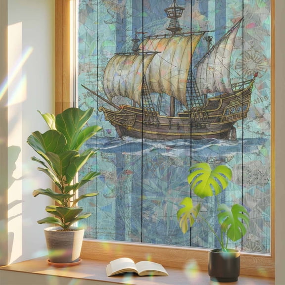 Vintage Sailboat Window Privacy Film Rainbow Static Cling Stain Glass Window Film for Glass Door, Decorative Sunroof Decal Sticker for Car 19.6"x39.3" Blue Ocean Seaports Anchors Farmhouse Wood