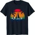 thumbnail image 1 of Vintage Sailboats Sunset Graphic T-Shirt Dark Blue Circle Design with Trees, 1 of 5