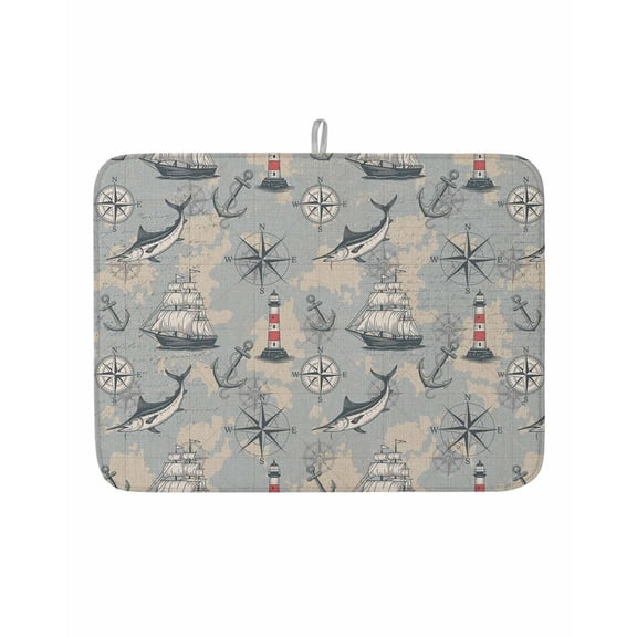 Vintage Sailing Boat Lighthouse Dish Drying Mats for Kitchen Counter,Absorbent Microfiber Dish Drainer Rack Mat Nautical Compass Anchor Drying Pad for Sinks,Utensils,Countertops,18x24in