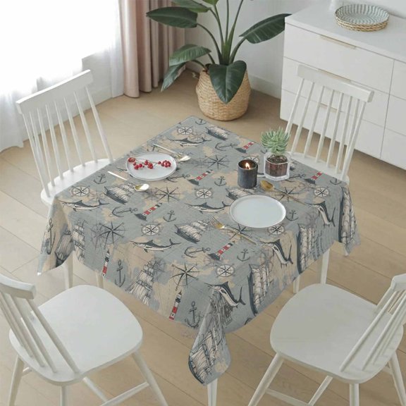 Vintage Sailing Boat Lighthouse Table Cloth 54x54in, Waterproof Square Tablecloth Wipeable Tablecloths Nautical Compass Anchor Table Covers for Dining Tables Party Indoor Outdoor