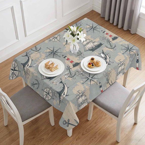 Vintage Sailing Boat Lighthouse Table Cloth 60x84in, Waterproof Rectangle Tablecloth Wipeable Tablecloths Nautical Compass Anchor Table Covers for Dining Tables Party Indoor Outdoor