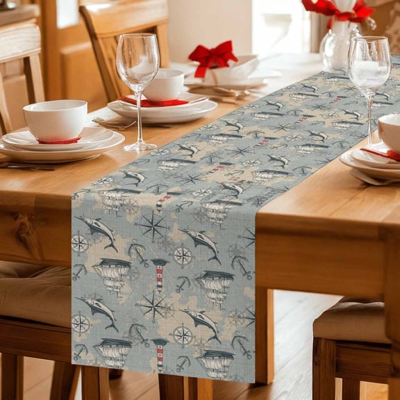 Vintage Sailing Boat Lighthouse Table Runner 36 Inches Long,Kitchen Dining Tablerunners Nautical Compass Anchor Linen Table Runners Dresser Scarves for Home Dinner Wedding Holiday Party Decor