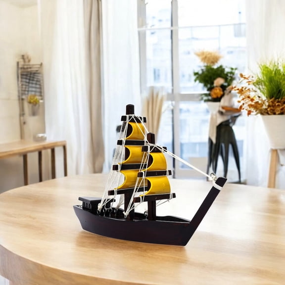 NATRIEL Kerala Traditional Wooden Sailing Ship Model, Black and Yellow Sails, Decorative Miniature Boat with Rigging, 13 x 8.5 Inch Display Piece (Small)