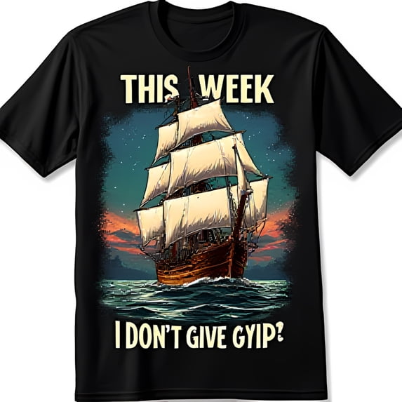 Vintage Sailing Ship Graphic Black T-Shirt with Humorous I Don t Give Gyp Text