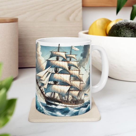 Vintage Sailing Ship Mug Ocean Waves Nautil Storm Illustration.