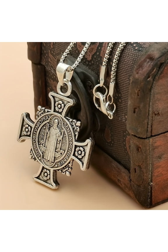 Vintage Saint Benedict Exorcist Pendant Necklace For Men Women 14K White Gold Religious Jewelry Fashion Biker Amulet Gift