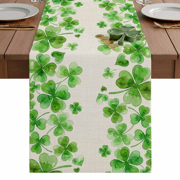 Vintage Saint Patrick's Day Fourleaf Grass Table Runner-36 Inch Long Retro Plant Table Runners Linen Burlap Tablerunner for Kitchen Dining Room Holiday Party