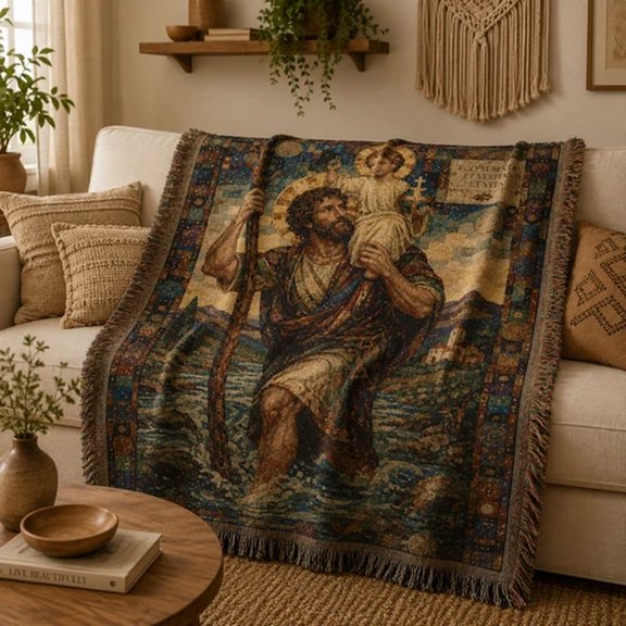 Vintage Saint St Christopher of Lycia Religious Art Woven Throw Blanket, 100% Cotton, Fringed Edges