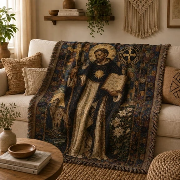 Vintage Saint St Dominic De Guzman Portrait Woven Throw Blanket, 100% Cotton, Fringed Edges