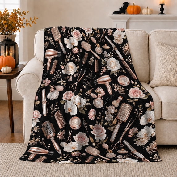 Vintage Salon Styling Tools Roses Glittery Beauty Botanical, Festive Holiday Scene, Warm Flannel Blanket for Living Room and Family Room, Art Lovers Valentine's Day Gift, Festive Home Decor