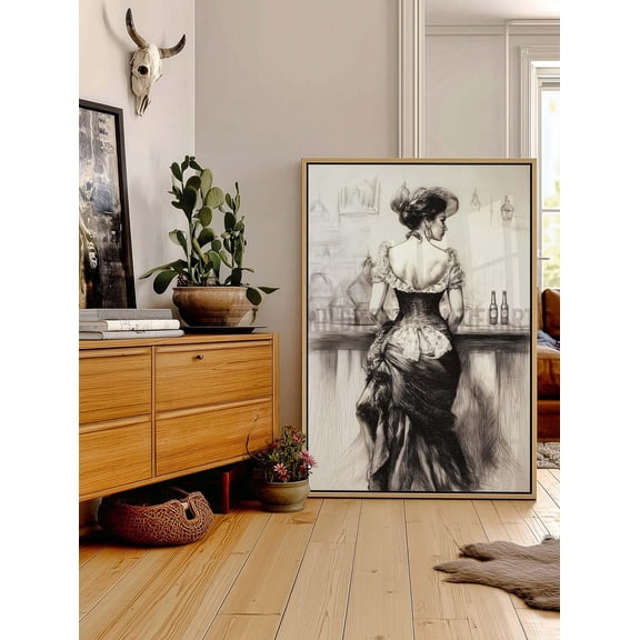 Vintage Saloon Girl Sketch Poster, Rustic Western Bar Art Home Decor #3131, Unframed Canvas Size 24x36