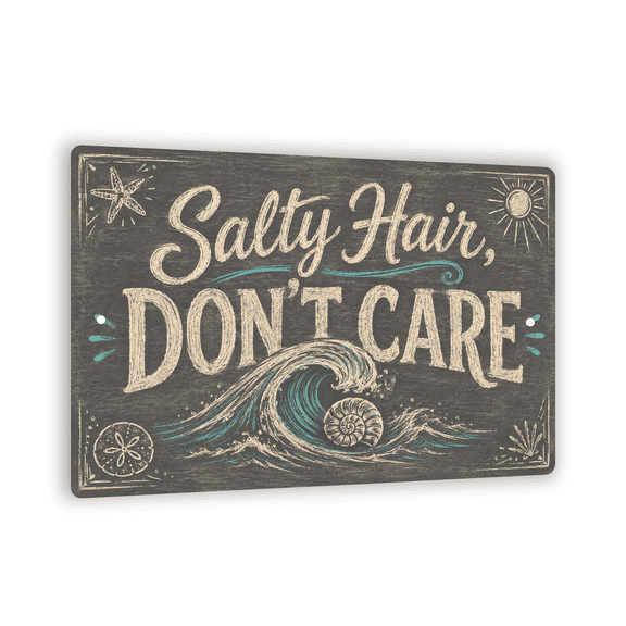 Vintage "Salty Hair, Don't Care" Driftwood Chalk Metal Sign - Beach Cottage Wall Decor - 8"x 12" Coastal Wall Art For Beach Lovers And Surfers