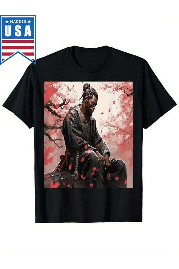 Vintage Samurai African Yasuke Meditation T-Shirt, 100% Cotton Crew Neck Short Sleeve Tee, Heat Transfer Printed Cherry Blossom Design, Regular Fit Knit Fabric Top for Men - Sports & Casual