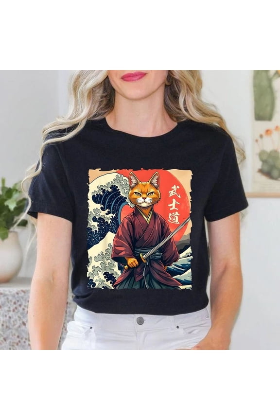 Vintage Samurai Cat Japanese Ukiyo-E Art Anime Cat Graphic T-Shirthot Trending Birthday Gifts