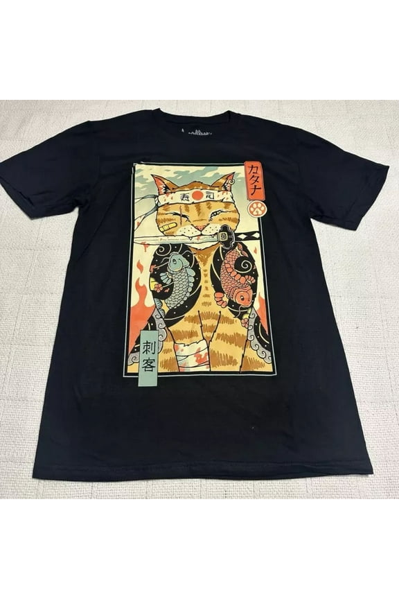Vintage Samurai Cat Shirt Menâ€™S Small Black Japanese Short Sleeve Treddless Urban Wearhot Trending Birthday Gifts