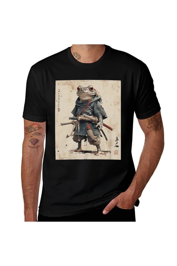 Vintage Samurai Frog Warrior Mens T Shirts Cotton Short Sleeve T-Shirt Crew Neck Tees Casual Shirt