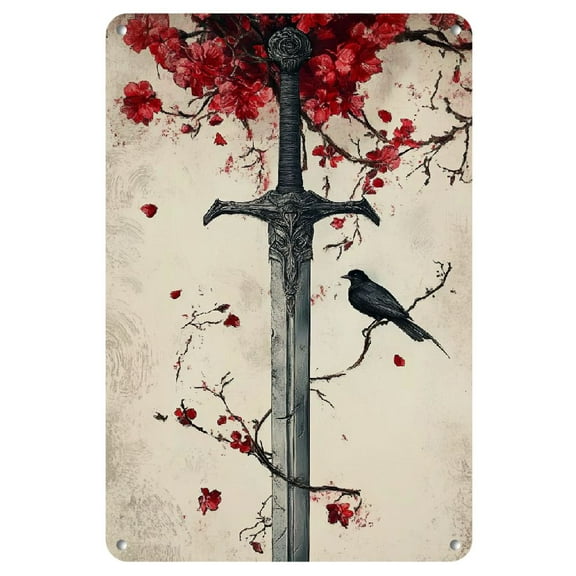 Vintage Samurai Sword & Sakura Cherry Blossom Metal Sign, 8x12 Inch Iron Wall Art, Frameless, Versatile Decorative Plaque with Wall Mount for Home, Office, Hotel, Cafe, Bar