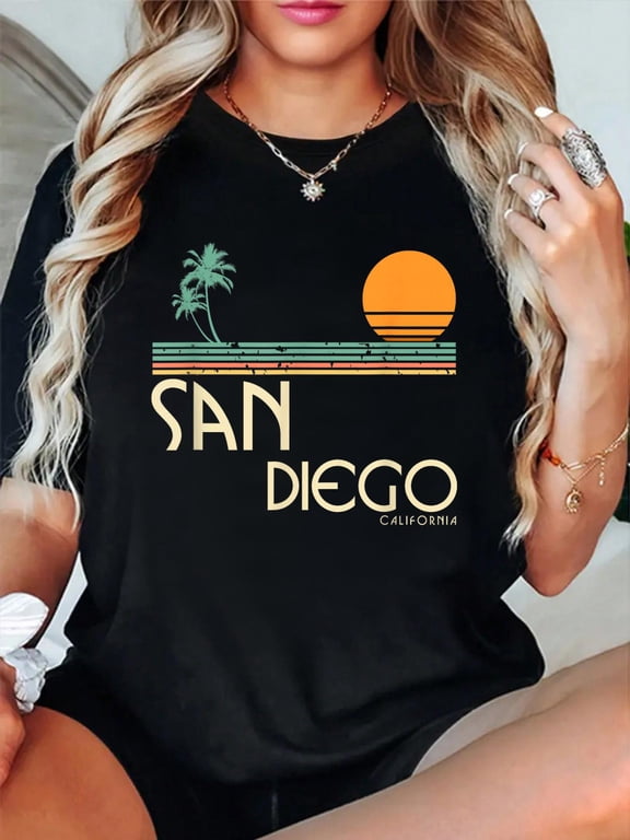 Vintage San Diego California T-Shirt casual short sleeve crew neck cotton tee tops for women