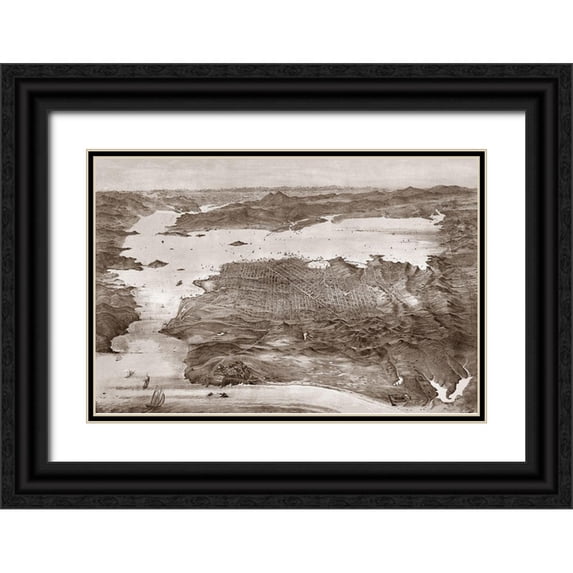 Vintage San Francisco 32x23 Black Ornate Wood Framed with Double Matting Museum Art Print Titled - Birds-Eye View of San Francisco