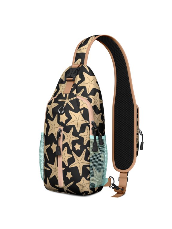 Vintage Sand and Ocean Nautical Sling Backpack with Starfish and Seahorse Print, Lightweight Crossbody Daypack, Adjustable Strap, Multiple Compartments for Outdoor and Beach Use