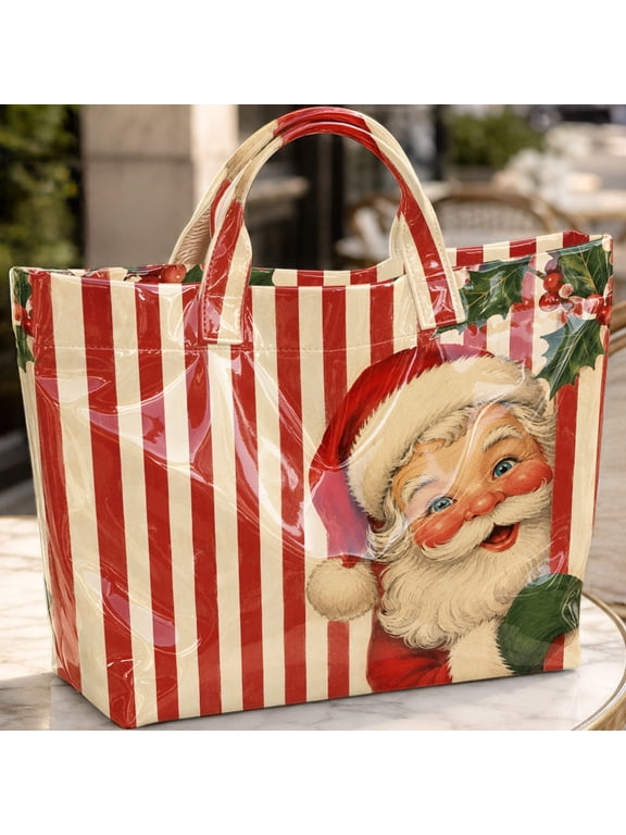 Vintage Santa Christmas Tote Bag, Retro Red White Striped Holly Pattern Waterproof Handbag, Large Capacity Reusable Holiday Shopping Bag for GiftCarrying, Party & Daily Use