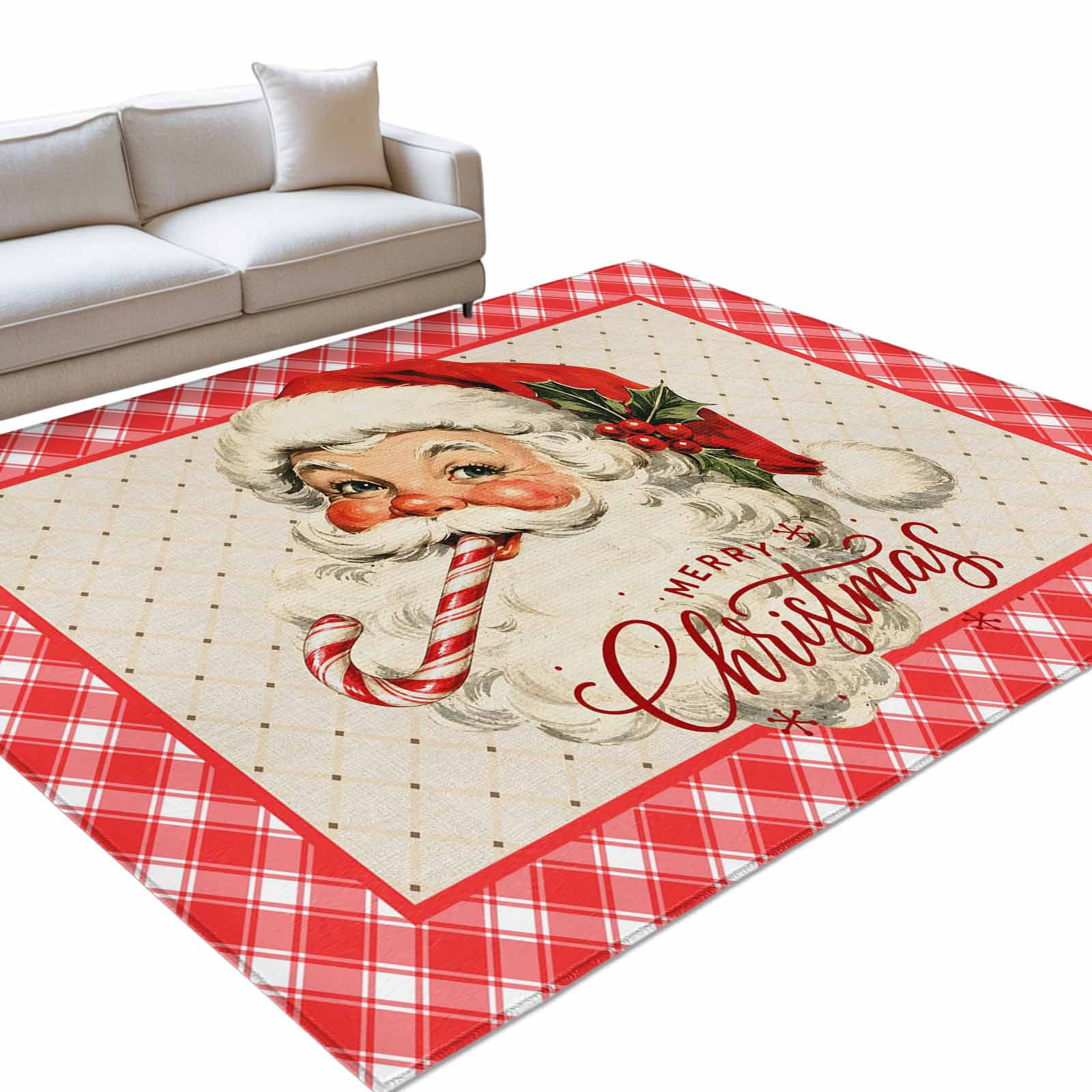 Vintage Santa Claus Area Rug 9'x12', Christmas Winter Cane Red Plaid ...