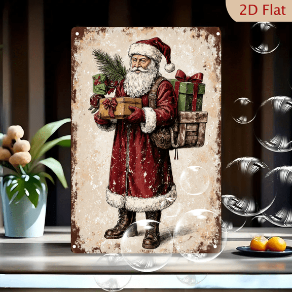 Vintage Santa Claus with Basket of Gifts, Retro Distressed Metal Wall Art Sign, 8x12 Inches Christmas Home Decor, Red Coat and White Fur Trim, Rustic Holiday Picture for Living Room