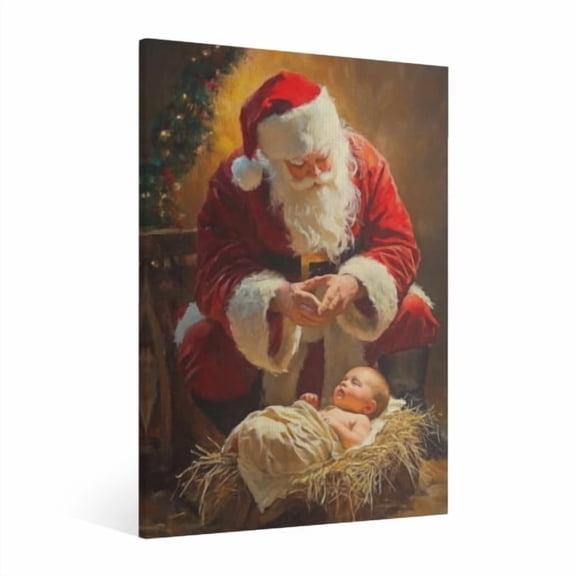 Vintage Santa Claus and the Birth of Jesus Wall Art Paint Framed - Retro Xmas Festive Winter Holiday Christmas Wall Decor Canvas Print for Living Room Kitchen Bathroom Home Bedroom Decor