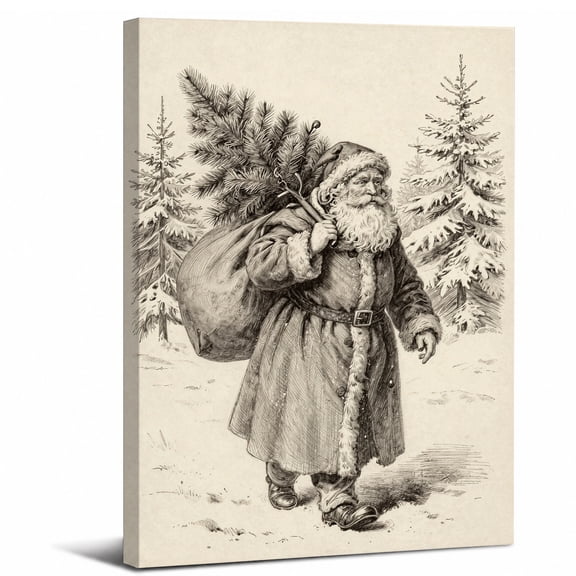 Vintage Santa Claus Canvas Wall Art Framed,Retro Santa with Gift Sack in Snowy Pine Forest canvas print for bedroom or living room decor,8x12in