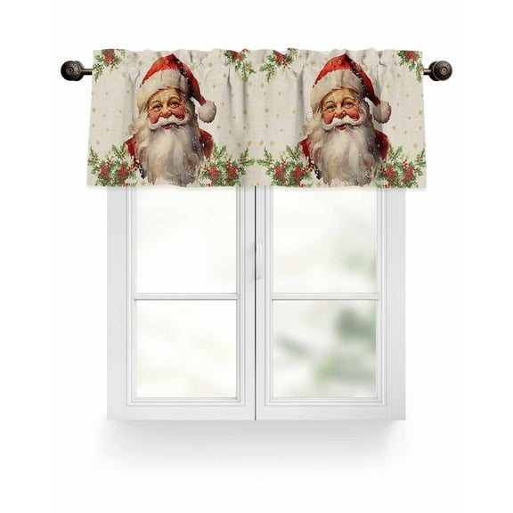 Vintage Santa Claus Christmas Kitchen Valances for Windows BerriesLeaves Snowflake Valance Curtains&nbsp; for Kitchen /Living Room/Bedroom/ Bathroom Decor, 54"x18 " ,Rod Pocket 1 Panel,