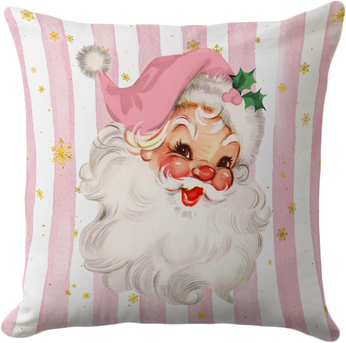 Pink Striped Vintage Santa Claus 18" Cotton Polyester Pillow Cover