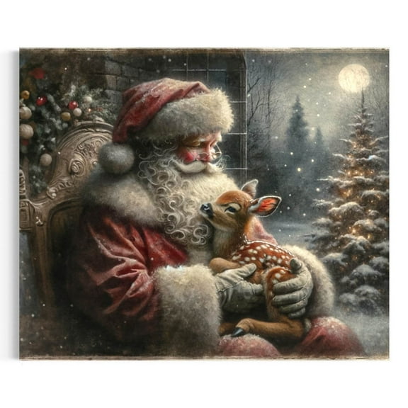 Vintage Santa Claus and Reindeer Poster Wall Decor Canvas Art Winter Wonderland Prints Painting Picture Artwork Rustic Home Bedroom Christmas Holiday Decoration No Frame