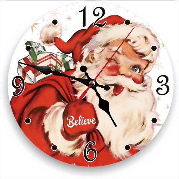 Vintage Santa Claus Silent Non Ticking Wall Clock 12 Inch, Battery Operated, Christmas Star Round Wood Wall Clocks, Decorative for Living Room, Kitchen, Bedroom, Bathroom, Dining Room, Gifts