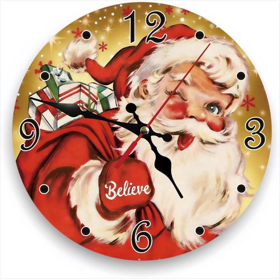 Vintage Santa Claus Silent Non Ticking Wall Clock 12 Inch, Battery Operated, Christmas Star Round Wood Wall Clocks, Decorative for Living Room, Kitchen, Bedroom, Bathroom, Dining Room, Gifts