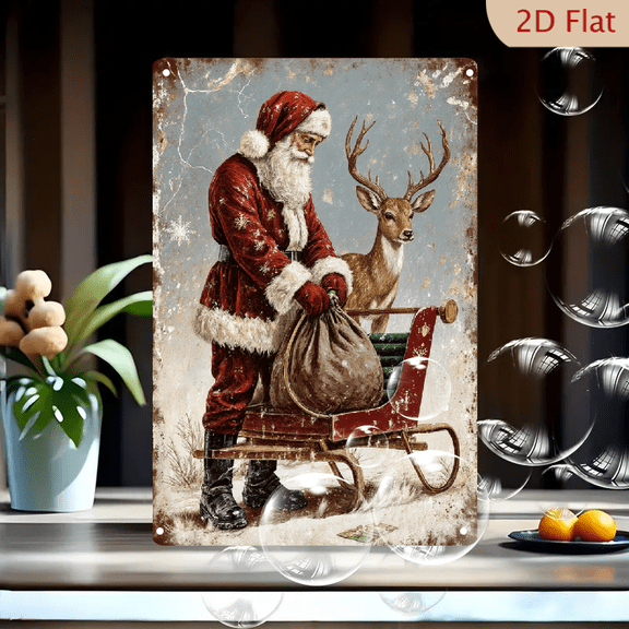 Vintage Santa Claus Sleigh Metal Wall Art, 8x12 Inches Retro Christmas Sign with Deer & Snowy Scene, Distressed Rustic Farmhouse Decor for Home, Office, Cabin