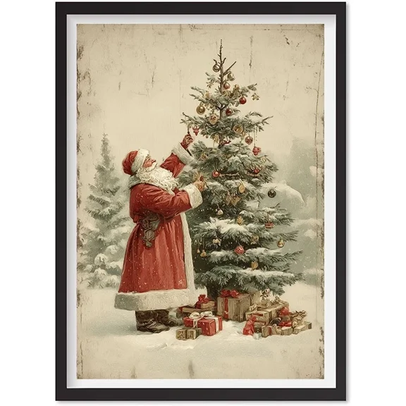 Vintage Santa Claus & Tree Drawing | Neutral Winter Forest Christmas Wall Art |, Matte Canvas Stretched, Posters for Room Bedroom Living Room Bathroom Wall Decor, Posters & Art Prints, Gift.
