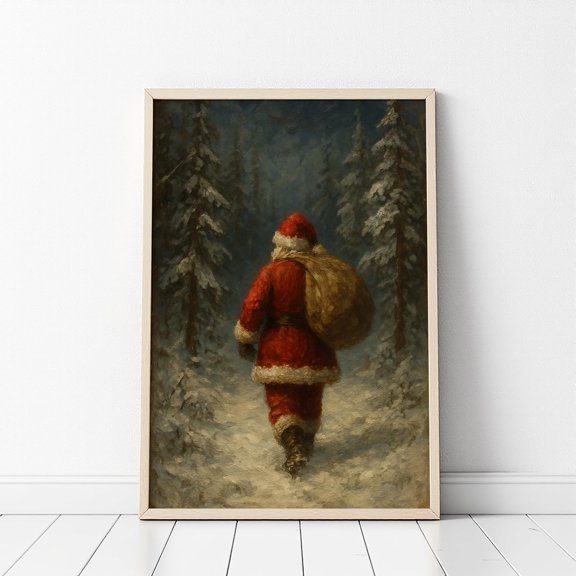Vintage Santa Claus Wall Art Santa in Snowy Forest Print Classic Christmas Night Scene Father Christmas Winter Poster