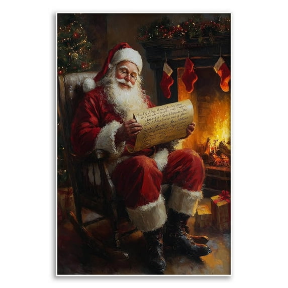 Vintage Santa Claus by the Fireplace Christmas Poster - Unframed Wall Art Print on Canvas, 16''x24'', Classic Holiday Decor
