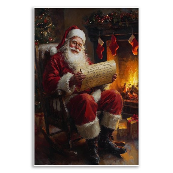 Vintage Santa Claus by the Fireplace Christmas Poster - Unframed Wall Art Print on Canvas, 16''x24'', Classic Holiday Decor