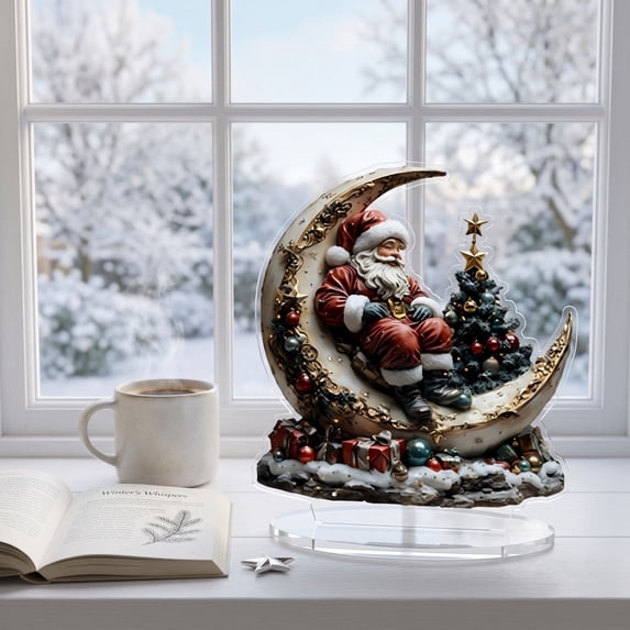 Vintage Santa On Crescent Acrylic Tabletop Sign, Christmas Santa Mini Desk Figurine, Acrylic Holiday Mantel Decor, Office Desk and Fireplace Display Gift